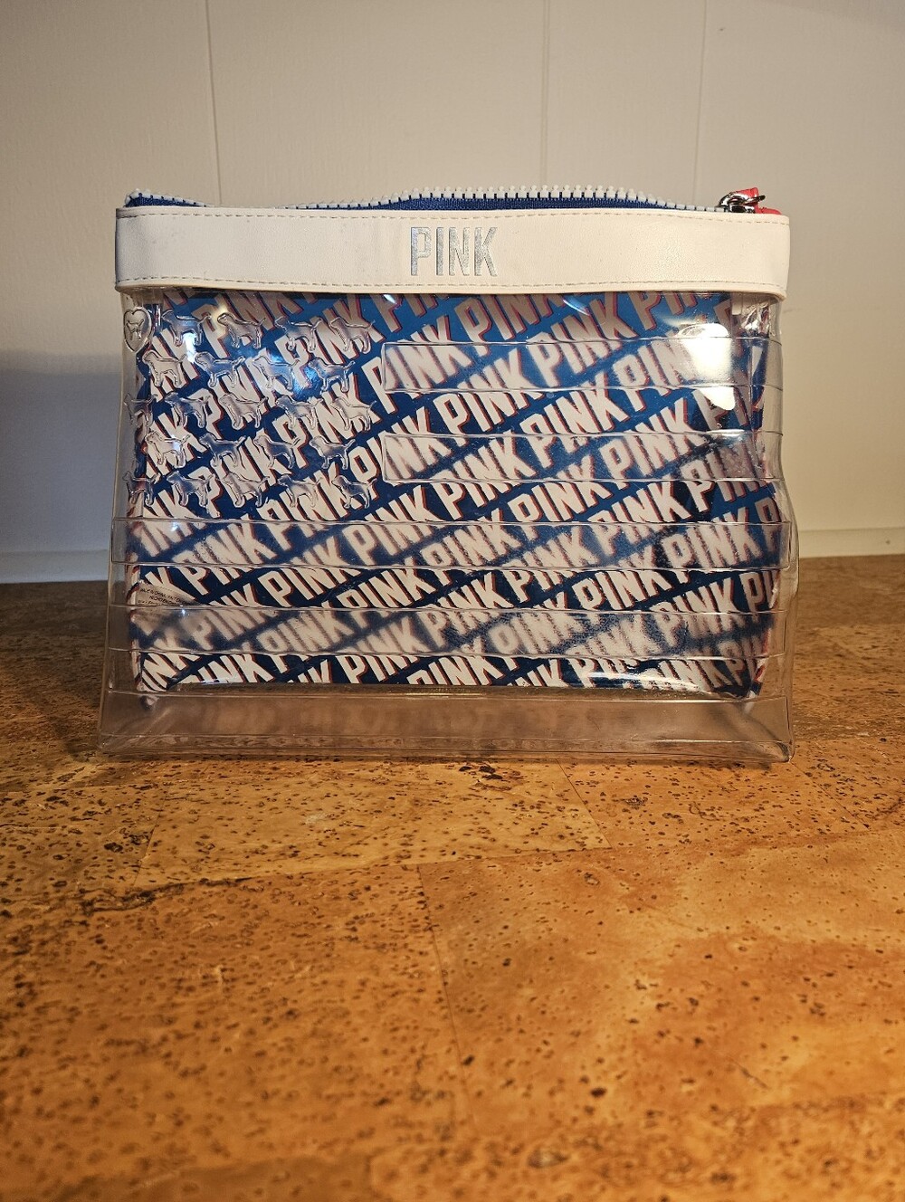 PINK Victoria's Secret Blue Logo Toiletry Pouch with Red Wrist Strap